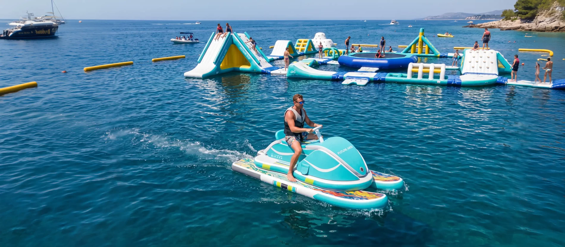 Man riding inflatable jet ski on clear blue sea, floating inflatable water park in background, summer water amusement equipment